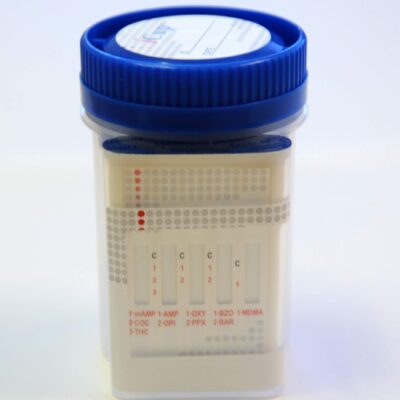 Drug test cup with multiple reagent strips.